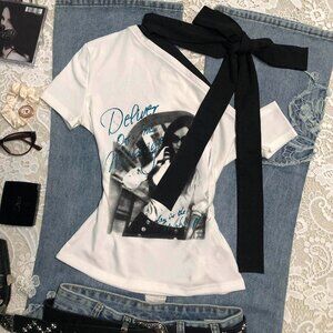 Original White Asymmetrical Off-Shoulder Short Sleeve T-Shirt For Women